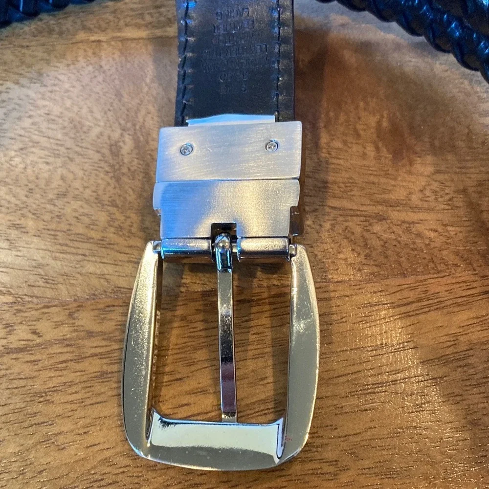 Men's Brown Braided Leather Trim Belt Size 36 Classic Basic Silver‎ Buckle